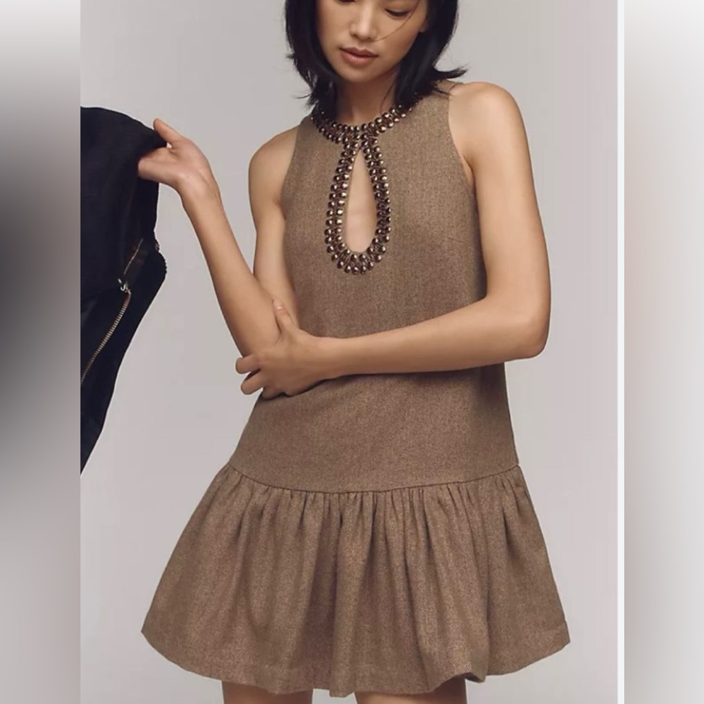 Anthropologie Beaded Keyhole Brown Mini Dress
